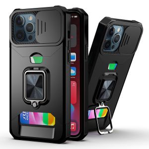 For iPhone 15 Pro Multi-Functional Card Magnetic Ring Stand Hybrid Camera Case Cover - Black
