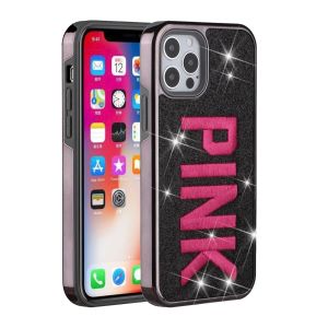 For Apple Iphone 11 Pro Max Embroidery Bling Glitter Chrome Hybrid Case Cover -Pink on Black