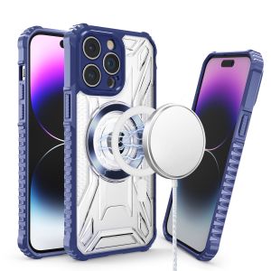 For Apple iPhone 14 PRO MAX 6.7" [Magnetic Circle] CD Pattern Transparent Rugged Hybrid - Dark Blue