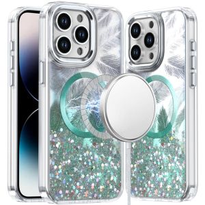 For iPhone 14 PRO MAX 6.7" Epoxy Glitter Shimmer [Magnetic Circle] Hybrid Case - Light Green