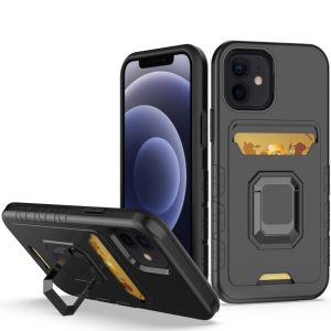 For Apple iPhone 11 Pro Max Card Holder with Magnetic Ring Stand Hybrid Case Cover - Black