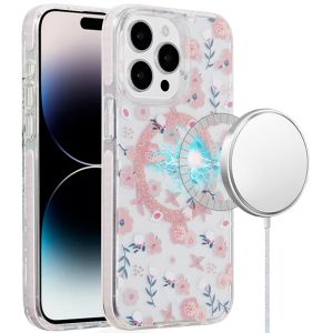 For iPhone 14 PRO MAX 6.7" Magnetic Double Layer IMD Design Case - Pink Floral