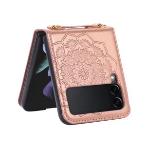 For Samsung Z Flip 6 Embossed Floral Design Case Cover with Strap - Rose Gold