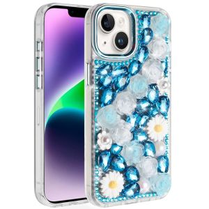 For iPhone 13/14 Spectacular Full Bling Stones Glitter HQ Hybrid Floral Series - Blue