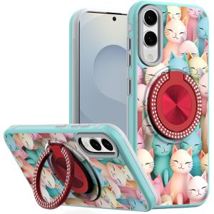 For Samsung Galaxy s25 Edge Metal Diamond CD Pattern Design Matte Finished Hybrid with Rotational Ring [Car Mount Friendly] Case - Cats