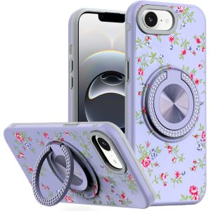 For iPhone 16E (E edition) / SE4 (2025) Metal Diamond CD Pattern Design Matte Finished Hybrid with Rotational Ring [Car Mount Friendly] Case - 9